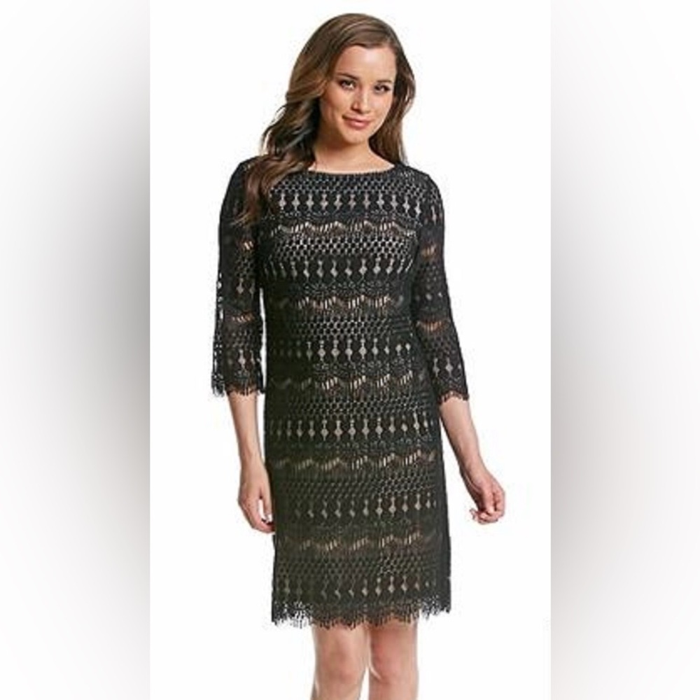 Jessica H Little Black Lace Shift Dress, Lined, Cocktail LBD, Fringed Hem, 10